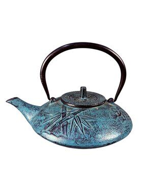 Cast Iron Teapot With Bamboo & Butterfly Design - 7.5" Wide - Blue & Black - Dec
